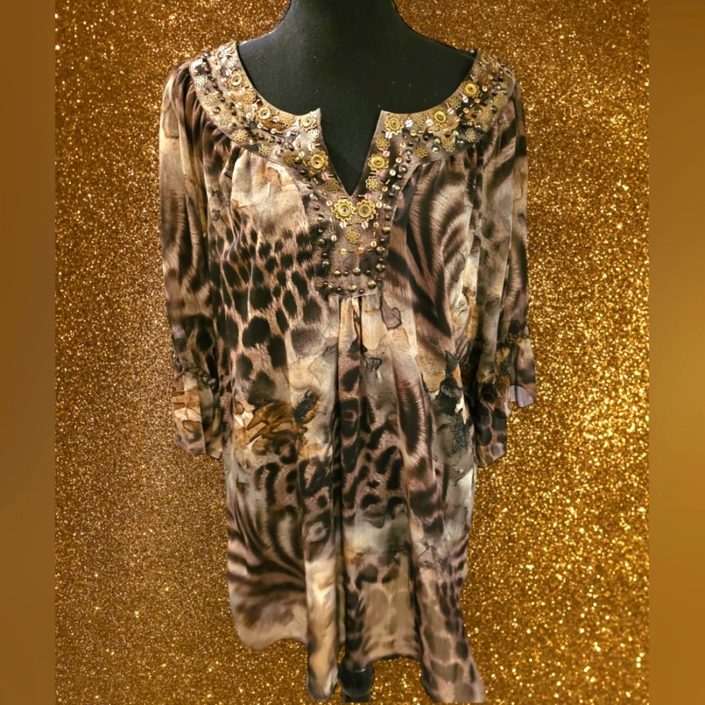 Mushkaby Sienna Rose Beaded Animal Print Flowy Large Blouse - Picture 3 of 7